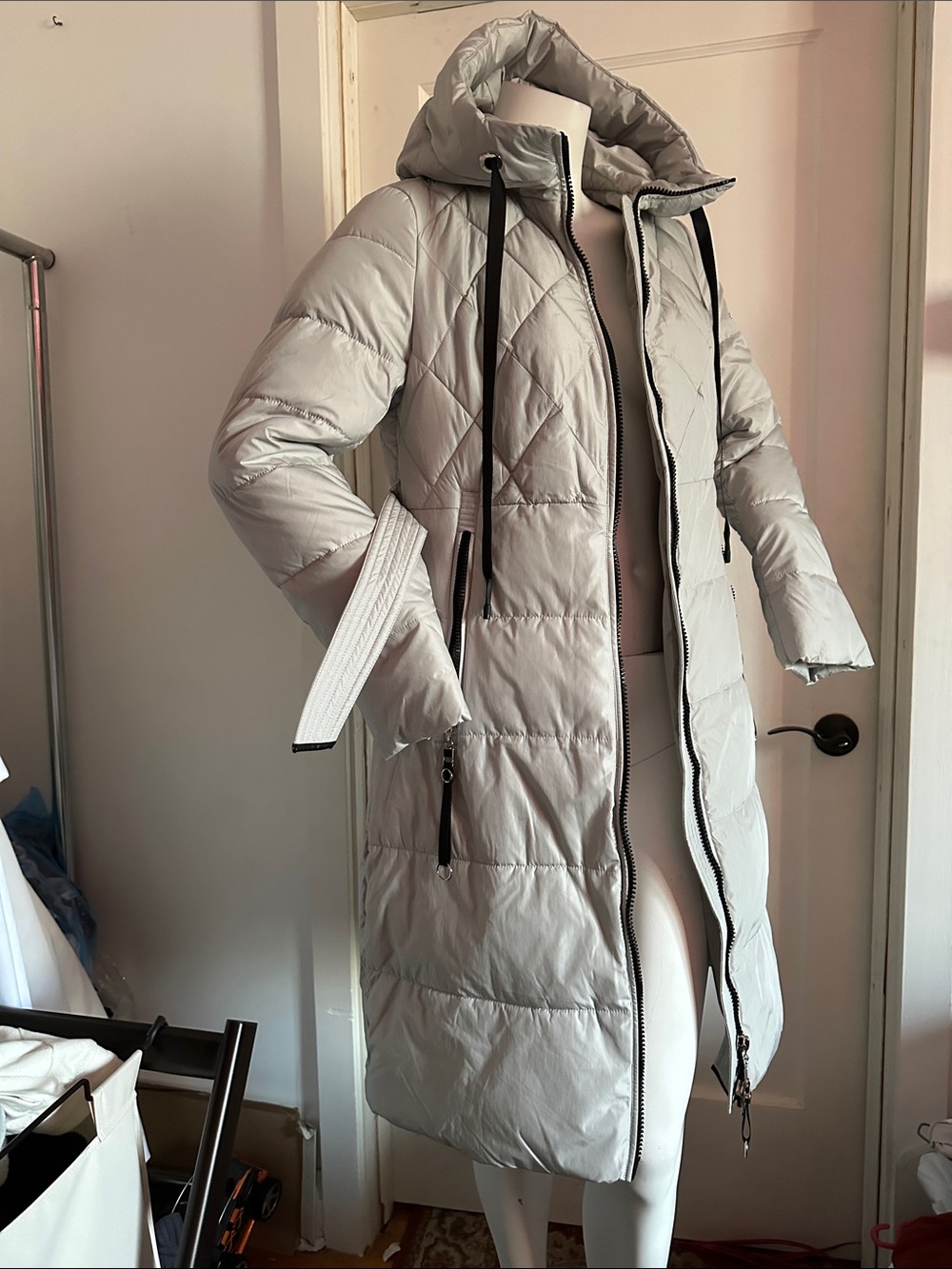 Light Gray Quilted Long Puffer Coat Hood Fall Winter Jacket